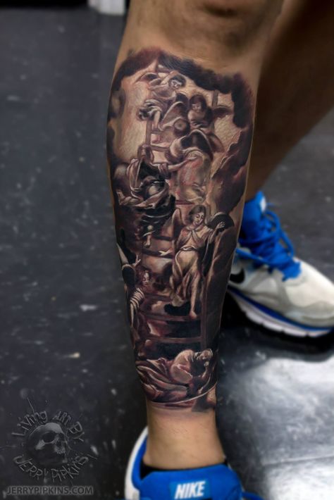 Tattoo of the Jacob's ladder painting...#tattoo #tattoos #besttattoosaround #panamacityflorida #gulfcoast #baycounty #tattooshop #tattoostudio #best #cool #awesome #panamacity #panama #pcb #panamacitybeach #beach Ladder Tattoo, Panama City Florida, Angel Tattoo Designs, Jacob's Ladder, Angel Tattoo, Sleeves Ideas, S Tattoo, Panama City Panama, Tattoo Shop