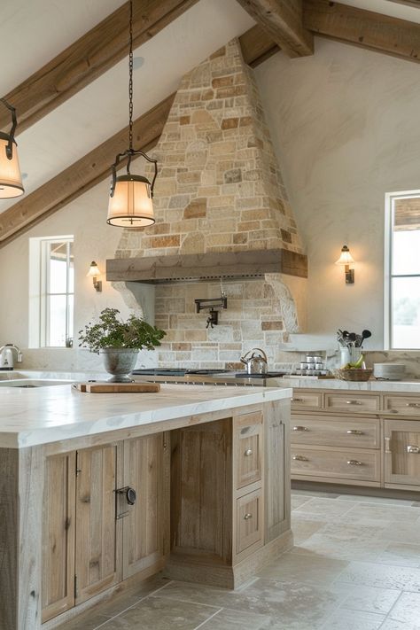 Stone Hoods In Kitchen, Small French Country Kitchen, Stone Kitchen Hood, Kitchen With Stone, French Country Lighting, Countryside Kitchen, Stone Backsplash Kitchen, Tan Stone, Country Kitchen Designs