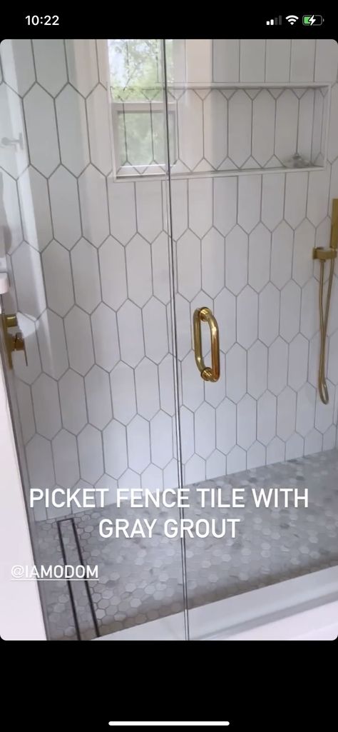 Shower With Picket Tile, Picket Tiles Bathroom, Picket Fence Tile Bathroom, Accent Shower Tile, Picket Tile Bathroom, Grey Grout Bathroom, White Tiles Grey Grout, Picket Tile, Gray Shower Tile