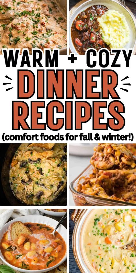 Easy cozy dinner recipes for fall and winter that are simple weeknight dinners for families or comfort foods for Sunday dinners. Quick Comfort Food Dinners, Fall Food Recipes Dinner, Easy Comfort Meals, Easy Cozy Dinner, Weekend Dinner Recipes, Cozy Dinner Recipes, Chicken Lasagna Soup, Weekend Recipes Dinner, Comforting Dinner Recipes