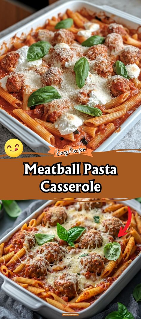 Enjoy the heartwarming flavors of our Meatball Pasta Casserole, where juicy meatballs are nestled among pasta in a savory marinara sauce, all topped with melted mozzarella. It’s a delightful blend of Italian tastes that brings the warmth of a family gathering to your dinner table. #MeatballCasserole #PastaDinner #FamilyMeal Meatball And Pasta Casserole, Pasta With Meatballs Recipes, Kid Casserole Recipes, Meatball And Pasta Recipes, Spaghetti Meatball Casserole, Spaghetti And Meatball Casserole, Meatball Pasta Casserole, Baking Dish Recipes, Kid Dinners