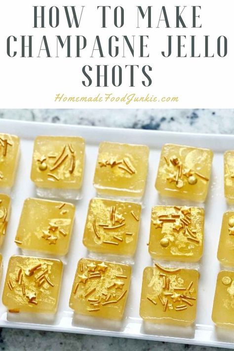 how to make champagne jello shots-pin image Champagne Jello Shots With Vodka, Champagne Vodka Jello Shots, Glitter Champagne Jello Shots, Edible Glitter Jello Shots, Glitter Jello Shots Vodka, Champaign Jello Shots Recipe, Champagne Jell-o Shots, Nye Shots, Gold Jello Shots