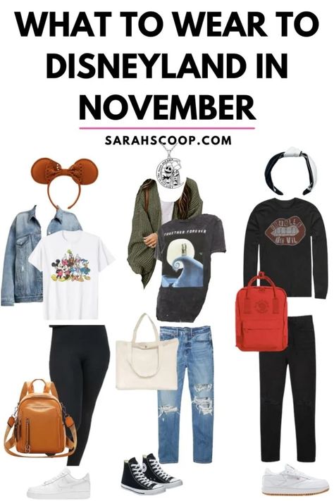 What to Wear to Disneyland in November - Sarah Scoop Disneyland Outfits Winter Casual, Disneyland Outfits Winter Plus Size, Disney In Paris Outfits, Mom Disneyland Outfit Winter, Disneyland February Outfits, Fall Disneyland Outfits Women, Disneyland Fall Outfit Ideas, Disneyland In November Outfits, Disney World November Outfits