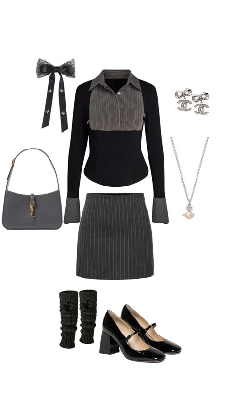 Y2K,officesiren,ootd,cute outfit inspo,gray,black,bow,classy,silver,earrings,necklace,skirt,long sleeve,top,leg warmers,heels,ysl,hand bag,luxury,mini skirt,button up 2000’s Outfits, Siren Outfit, Black Y2k, Office Outfit, Different Outfits, Cute Outfit, Office Outfits, Retro Outfits, Pretty Outfits