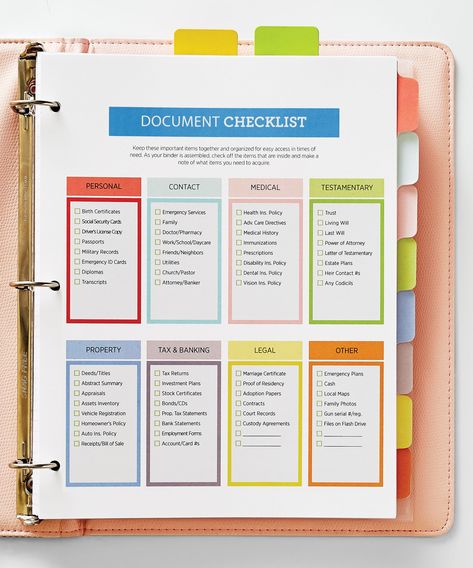 Household Docs Document Binder Organization, Organize Important Documents Binder, How To Organize Important Documents, Home Document Organization, Document Binder, Document Checklist, Personal Binder, Organize Documents, Life Organization Binder