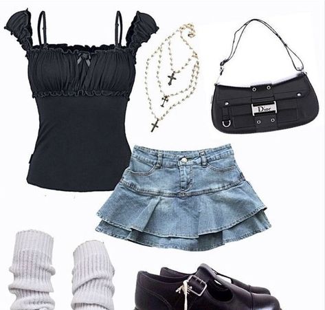 Lana del rey aesthetic coquette dollete outfit inspiration 

Blue jean skirt and black top Crop Top With Undershirt Outfit, Sweet 16 Outfits Guest, 2013 Outfits, Anime School, Cosplay Kawaii, Girl Cat, Japanese Kawaii, 2000s Fashion Outfits, Swaggy Outfits