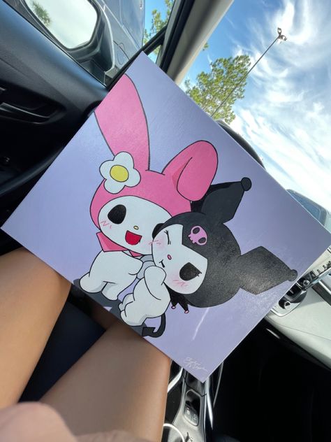 a painting of two characters from san rio that includes melody and kuromi, purple background Kuromi And My Melody Painting, My Melody Painting, Everything Aesthetic, Melody Painting, Dorm Paintings, Aesthetic Finds, Kuromi And My Melody, Paper Dolls Diy, Kitty Coloring