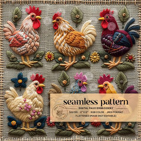 Fabric Embroidery, Cottagecore Embroidery Clothes, Waffle Embroidery, Unique Embroidery Designs, Chicken Embroidery Patterns, Chicken Embroidery, Farm Embroidery Patterns, Fall Embroidery, Chicken Hand Embroidery Patterns