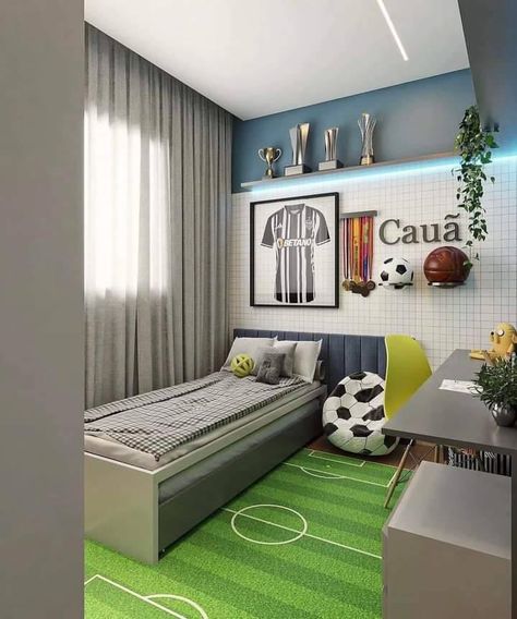 Soccer Kids Room, Soccer Themed Bedroom, Kids Bedroom Design Ideas, Soccer Bedroom, Kids Bed Design, Football Room Decor, Soccer Room, Boys Room Design, Boys Bedroom Makeover