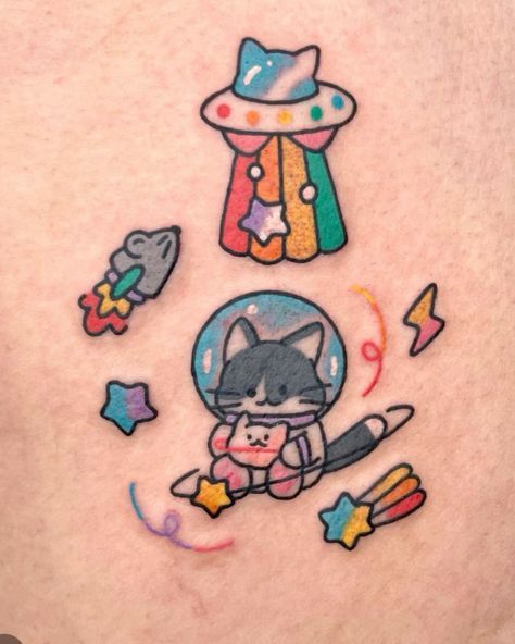 Space Cat Tattoo, Funky Tattoos, Cute Little Tattoos, Spooky Tattoos, Space Tattoo, Canvas Drawings, Colorful Space, Elegant Tattoos, Great Tattoos