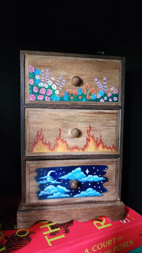 Acotar Painted Dresser, Feyre Dresser Painting, Acotar Dresser Painting, Acotar Dresser, Acotar Painting, Acotar Fanart, Group Crafts, Books Series, Painted Drawers