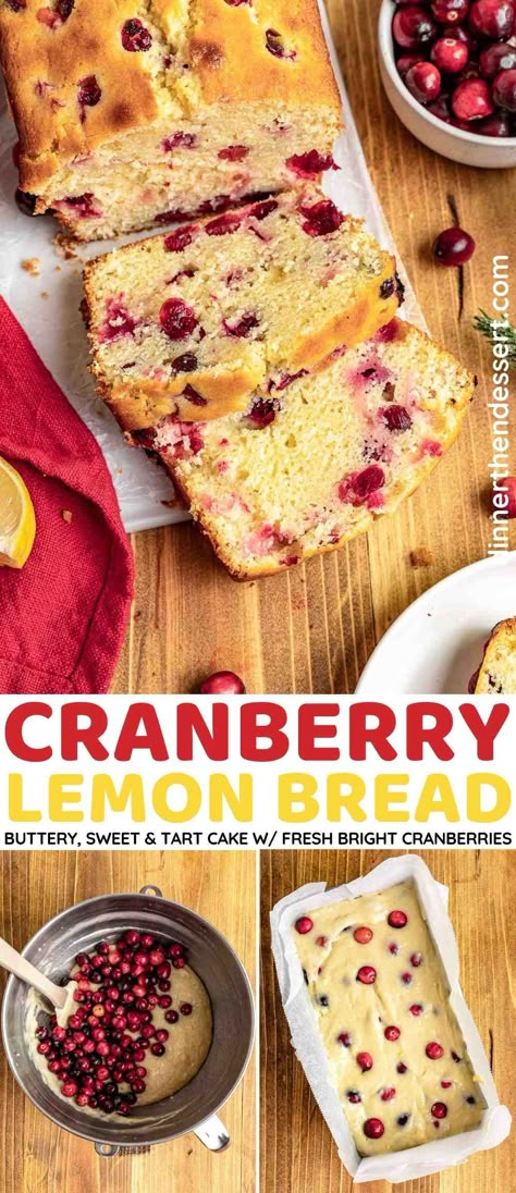 Cranberry Lemon Bread is a sweet, tart, buttery cake base with fresh cranberries and lemon juice added. It's so good it'll brighten your day! Perfect for a holiday breakfast! Gluten Free Lemon Cranberry Loaf, Cranberry Lemon Bread Recipes, Brunch Bread Ideas, Lemon Cranberry Bread, Lemon Cranberry Scones, Cranberry Lemon Loaf, Lemon Cranberry Loaf, Cranberry Lemon Muffins, Fruit Loaves