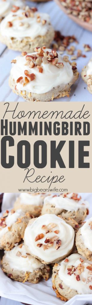 Hummingbird Cookies - I've taken my favorite flavor of cake, Hummingbird Cake, and turned it into a delicious, soft cookie! These Hummingbird Cookies have all the flavors of a Hummingbird Cake and they're topped with a homemade cream cheese frosting! Hummingbird Crumbl Cookie, Cornbread Honey Cake Cookie, Hummingbird Cake Cookies, Humming Bird Cookies, Southern Cookies Recipes, Hummingbird Macaroons, Hummingbird Bars, Hummingbird Cookies, Holiday Bakes