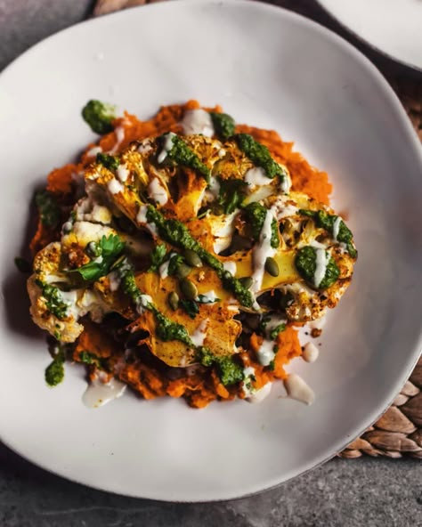 Roasted Cauliflower Steak with Sweet Potato Purée and Lentils - The Plant-Based Wok Vegan Lentil Recipes, Potato Purée, Lentils Vegan, Cauliflower Steak, Roasted Cauliflower Steaks, Steamed Sweet Potato, Cauliflower Steaks, Cooking Sweet Potatoes, Plant Based Meals