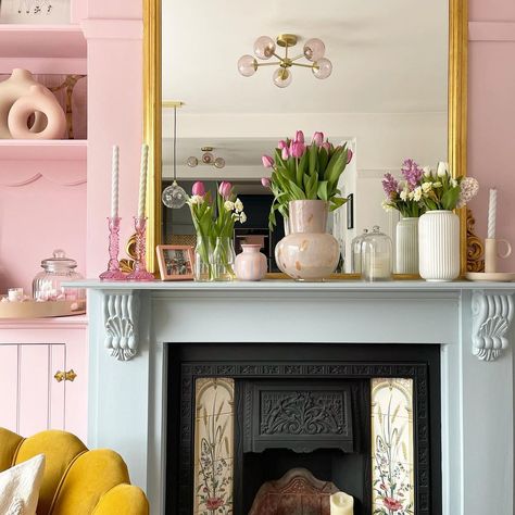 Pastel Fireplace, Pink Mantle, Cute Fireplace, Spring Mantle, Spring Mantel, Pastel Kitchen, Fireplace Mantel Decor, Dream Place, Kitchen Fireplace