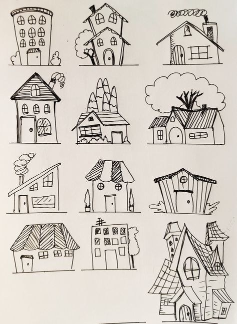 Drawing Of A Cottage, Funky House Drawing, Whimsical House Drawing, House Doodles Simple, Old House Sketch, Tiny House Drawing, Old House Drawing, Building Doodle, Zantangle Art