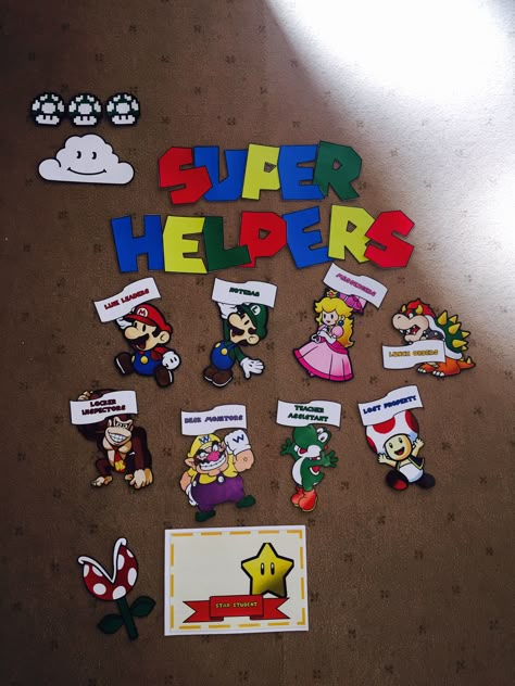 Super Mario themed job chart Super Mario Classroom, Mario Classroom, Daycare Themes, Super Mario Bros Birthday Party, Class Birthdays, Job Chart, Classroom Layout, Classroom Board, Class Theme