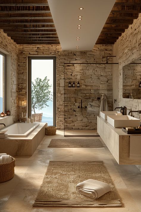 Luxurious rustic-modern bath: Submerge in tranquility with stone walls, a serene tub, and nature-infused elegance. Experience the harmony of rustic beams and sleek touches. An expanse of glass reveals the sea's embrace, balancing nature and innovation. Crafted by NOVASPACE PROMOciones, redefining spaces with timeless design and energy efficiency. Embrace sustainable luxury today. Country Bathroom Ideas Rustic Modern, Mountain House Master Bath, Mediterranean House Bathroom, Wood And Stone Bathroom Ideas, Natural Stone Bathroom Tiles, Modern Rustic Master Bath, Rustic Modern Design, Bathroom With Stone Wall, Modern Mountain Bathroom