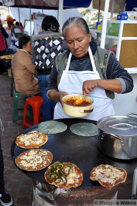 mexican street food: Mashed Beans, World Street Food, Street Food Market, Mexican Street Food, Blue Corn, Food Street, Best Street Food, Green Sauce, Mexican Street