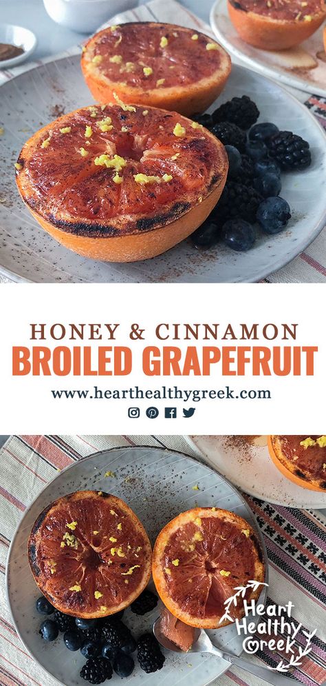 This recipe for broiled grapefruit is a healthy option for breakfast, brunch, snack time or even dessert. It’s bright, naturally sweetened with honey and flavored with cinnamon and topped with lemon zest. #Grapefruit #grapefruitrecipes #broiledgrapefruit #healthybreakfast Baked Grapefruit, Broiled Grapefruit, Fruit Nutrition Facts, Grapefruit Recipes, Low Calorie Fruits, Yogurt And Granola, Korean Clothes, Granola Healthy, Ginger Recipes