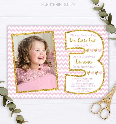 Birthday Invitation Template Pink, Pink And Gold Invitations, 3rd Birthday Invitation, Third Birthday Invitations, Girls 3rd Birthday, Glitter Number, Girls Birthday Party Themes, Pink Chevron, Birthday Invitation Template