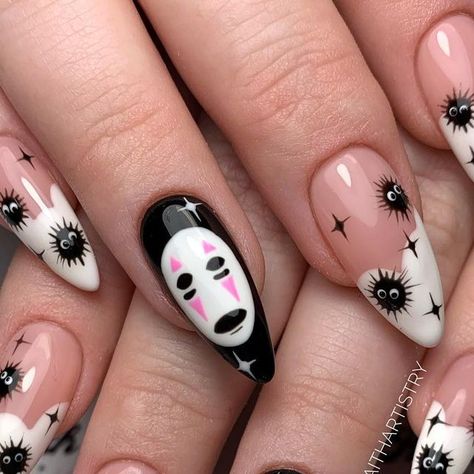 Anime Nails Almond Shape, Soot Sprite Nails Acrylic, No Face Nail Art, Studio Gibhili Nails, Pop Culture Nail Art, Tokyo Nail Art, Studio Ghibli Nails Simple, Princess Mononoke Nails, Studio Ghibli Inspired Nails