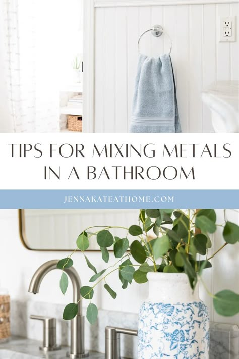 Discover the art of mixing metals in your bathroom! From fixtures to faucets, learn how mixing metals in bathroom decor can elevate your style. Whether it's for a guest or primary bathroom, these bathroom mixing metals tips will guide you. Incorporate hardware like mixing gold and silver bathroom fixtures to create a stunning bathroom with mixed metal finishes. Perfect for any bathroom decor update. Bathroom Mixed Metal Hardware, Mixed Hardware Bathroom, Mixing Finishes In Bathroom, Mix Metals Bathroom, Bathroom With Mixed Metal Finishes, How To Mix Metals In Bathroom, Bathroom Fixtures Mixed Metals, Mixing Metals Bathroom, Mixed Metal Bathroom Fixtures