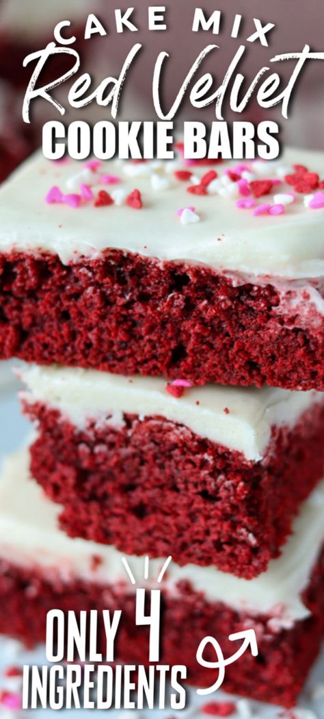 Red Velvet Cake Mix Recipes, Red Velvet Cookie Bars, Homemade Cookie Bars, Scoop Cookies, Red Velvet Brownies Recipe, Easy Cream Cheese Frosting, Easy Red Velvet Cake, Red Velvet Cake Mix Cookies, Cake Mix Bars