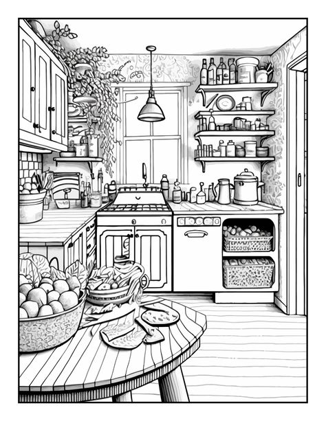 Coloring Pages Aesthetic Adult, Kitchen Coloring Pages, Creative Haven Coloring Books, Video Sport, Kitchen Drawing, Drawing Interior, Drawing Ideas List, Drawing Template, Colouring Sheets