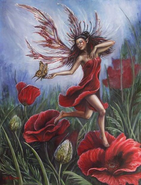 Poppy Fairy, Fairies Mythology, I Do Believe In Fairies, Fairies And Dragons, Red Fairy, Fairy Realm, Faery Art, Fae Folk, Fairies And Elves