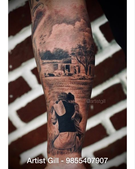 Father sun Farmers Tattoo, Tattoo In Punjabi, Punjab Tattoo, Old Punjab, Punjabi Tattoo, Farmer Tattoo, Half Sleeve Rose Tattoo, Tattoo Half Sleeve, Meaningful Tattoos For Men