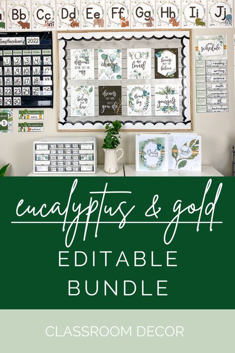 This eucalyptus and gold classroom theme is perfect for your nature inspired, calming classroom. This botanical bundle is fully text-editable and updated with new, crisp images. The decorations and printables are suitable for all levels - primary, elementary, middle school and high school! Botanical Classroom Decor, Eucalyptus Classroom Theme, Gold Classroom Decor, Eucalyptus Classroom Decor, Greenery Classroom, Eucalyptus Classroom, Calming Classroom, Calm Classroom, Flip Calendar