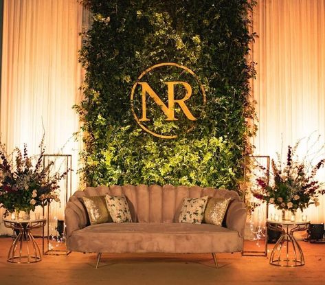 Wedding Reception Stage Decor, Stage Decor Ideas, Couple Seating, Wall Greenery, Indian Wedding Decorations Receptions, Greenery Backdrop, Engagement Stage Decoration, Photowall Ideas, Reception Stage Decor