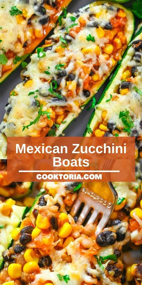 These delicious Mexican Zucchini Boats are so flavorful and scrumptious. This is the perfect dish if you love vegetarian dishes with some kick. FOLLOW Cooktoria for more deliciousness! If you try my recipes - share photos with me, I ALWAYS check! Mexican Zucchini Boats, Zucchini Dinner Recipes, Mexican Zucchini, Zucchini Boat Recipes, Easy Zucchini Recipes, Keto Journey, Zucchini Boats, Tasty Vegetarian Recipes, Health Dinner Recipes