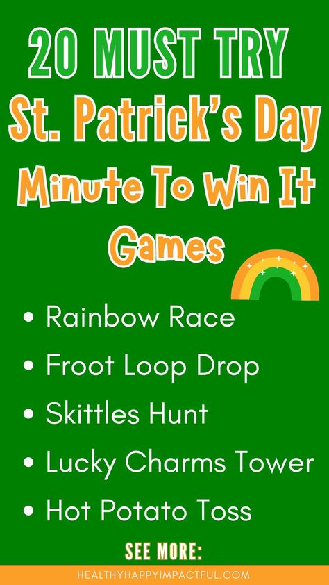 Spice up your St. Patrick's Day celebration with some fun and engaging minute to win it games! Whether you're planning a classroom party or team-building event, these St. Patrick’s Day-themed activities are perfect for all ages. From math challenges to classic minute to win it games, there's something for everyone to enjoy. Get ready to add a whole lot of fun and excitement to your St. Patrick’s Day festivities with these entertaining game ideas! St Patrick's Day Activities For Teens, St. Patrick’s Day Minute To Win It Games, St Patrick’s Day Team Building, St Patrick's Day Minute To Win It Games, St. Patrick’s Day Games For Adults, Euchre Tournament Free Printable, St Patrick's Day Games For Adults, St Patrick’s Day Activities Kindergarten, St Patrick’s Day Games For Kids