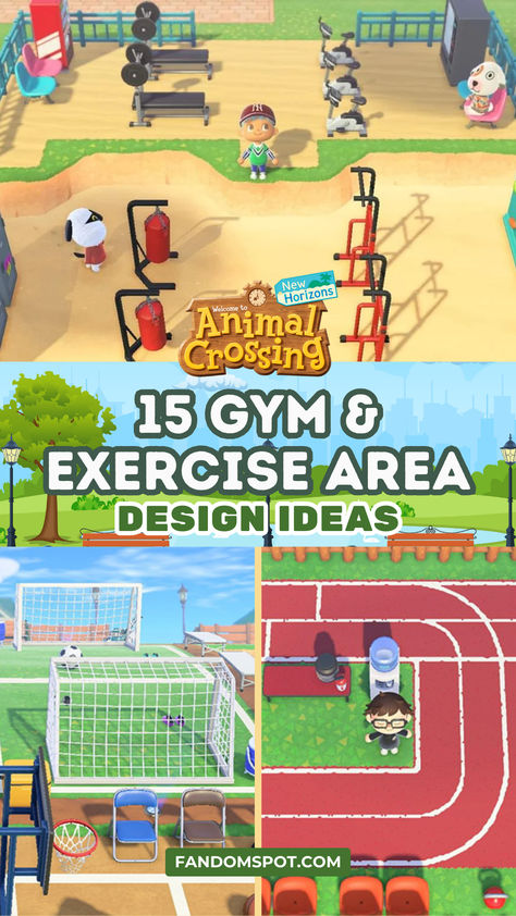 Custom gym designs for indoor and outdoor areas on your island in Animal Crossing: New Horizons Animal Crossing Workout Area, Acnh Outdoor Gym, Animal Crossing Football Field, Acnh Sports Area, Animal Crossing Sports Area, Animal Crossing Gym Ideas, Acnh Gym Idea, Animal Crossing Gym, Gym Designs