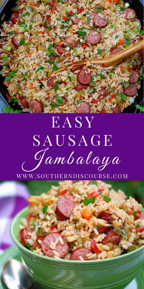 Easy Louisiana Sausage Jambalaya - a southern discourse Jumbolia Recipes, Savoury Rice Recipe, Creole Rice, Jambalaya Recipes, Sausage Jambalaya Recipe, Southern Discourse, Meat Ideas, Jambalaya Recipe Easy, Cajun Rice