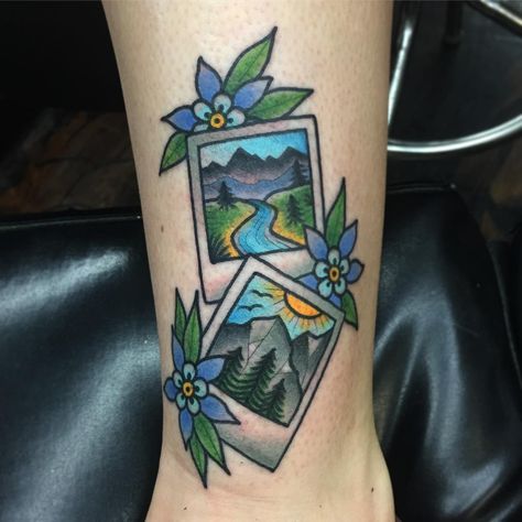 Scenery Tattoo Women, Igloo Tattoo, Colorado Inspired Tattoos, Colorado Tattoo Ideas For Women, Traditional Mountain Tattoo, Road Trip Tattoo, Colorado Tattoo Ideas, Emerald Lake Colorado, Roadtrip Tattoo