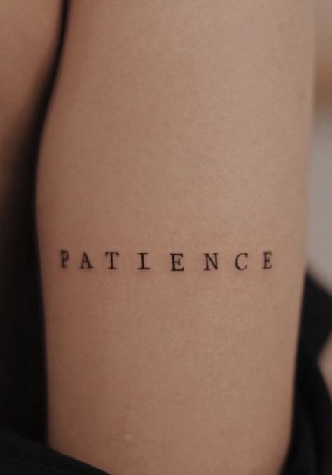 Patience Tattoos For Women, Patience Wrist Tattoo, One Word Forearm Tattoos, Best Words For Tattoos, Im Possible Tattoo, Minimal Tattoo Font, Patience Tattoo Fonts, Tattoo Text Font, Patience Tattoos