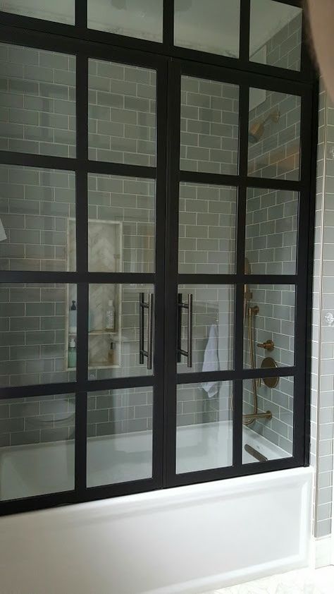 Gridscape French Shower Doors for Tub Bathtub French Doors, Adding Glass Door To Bathtub, Bathtub Shower Doors Ideas, French Shower Doors, French Door Shower, Shower Door For Tub, Bathroom Tub Doors, Shower Doors For Bathtub, Shower Door Ideas