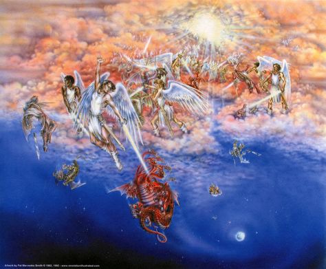 Revelation 12:7-8 - "And there was war in heaven: Michael and his angels fought against the dragon; and the dragon fought and his angels, And prevailed not; neither was their place found any more in heaven." Bible Pics, Dragon Book, Revelation Bible, The Book Of Revelation, Jesus Second Coming, Revelation 12, Religious Artwork, Jesus Return, Vs Angels