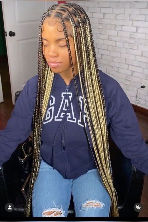 Blond And Black Mixed Braids, Knotless With Blonde And Black, Light Knotless Braids, Knotless Braids With Color Blonde, Cute Knotless Braids With Color, Box Braids With Color In The Back, Knotless Braids With Blonde Highlights, Flat Box Braids, Braids With Brown Highlights