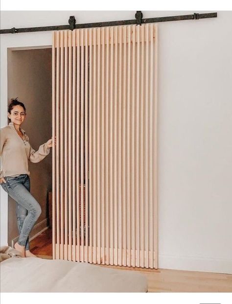 Slatted Barn Door, Diy Wardrobe Doors, Slat Barn Door, Wood Slat Door, Slat Door, Bedroom Wardrobe Ideas, Bedroom Wardrobe Design, Room Partition Designs, Decor Home Living Room