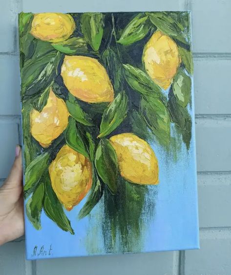 Lemon Tree Painting, Lemons Painting, Texture Oil Painting, Tree Paintings, Lemon Painting, Lemon Art, Fruit Painting, Paintings On Canvas, Small Canvas Art