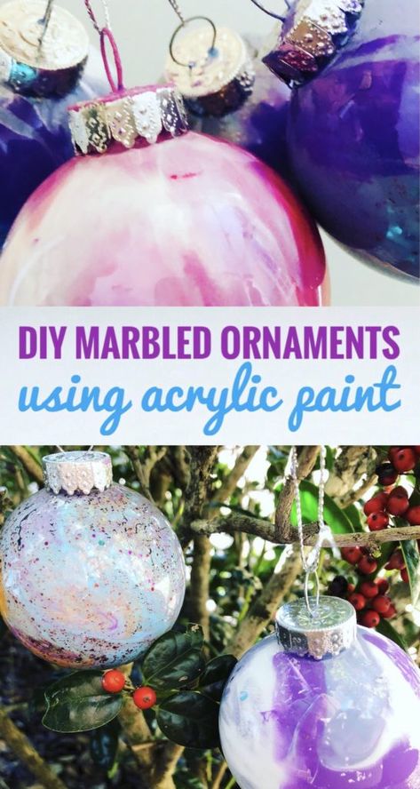 DIY Marbled Ornaments with Acrylic Paint - Glitter On A Dime Kids Christmas Baubles Craft Ideas, Paint In Clear Ornaments Glass Ball, Marbling Ornaments Diy Christmas, Diy Marble Christmas Ornaments, Painting Clear Plastic Ornaments, Paint In Ornaments Diy, Acrylic Pour Ornaments Diy, Easy Painted Ornaments Diy, Poured Paint Christmas Ornaments