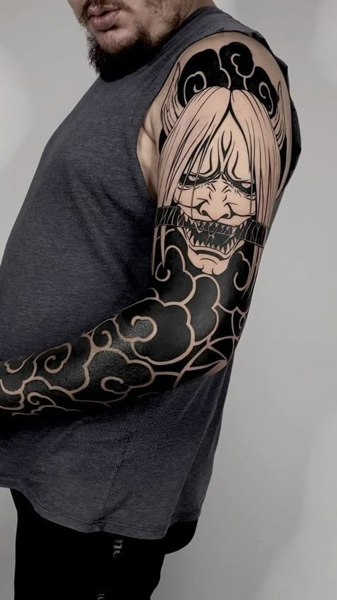 irezumiartist on Instagram: Freehamd Naruto sleeve by @abradark 🤩 Where: Almaty, Kazakhstan 📍 - Tag, like & share 🙏 . . . #tattooblack #narutotattoo #japaneseink… Hannya Maske Tattoo, Tato Irezumi, Hannya Maske, Japanese Mask Tattoo, Black Sleeve Tattoo, Japanese Snake Tattoo, Hannya Mask Tattoo, Forearm Band Tattoos, Blackout Tattoo