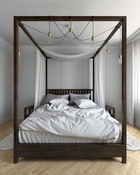 10 Perfectly Masculine Canopy Beds Diy Bed Canopy, Diy Seng, Modern Canopy Bed, Black And Grey Bedroom, Dark Wood Bed, Grey Bedroom Design, Canopy Bed Diy, Canopy Beds, Canopy Bedroom