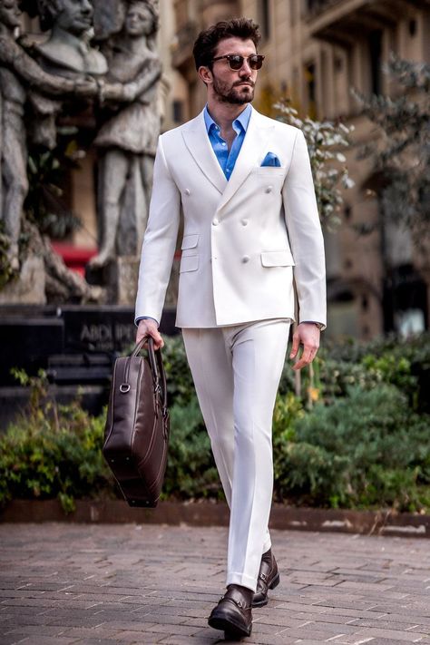 Command attention and exude confidence in our White Double Breasted Suit 2-Piece, a symbol of modern elegance and sophistication. Impeccably tailored with a sleek silhouette, this ensemble effortlessly blends classic charm with contemporary flair. 

#doublebreasted #whitesuit #tuxedo #suit #suits #slimfit #menstyle #menfashion #fashioninspo Cream Colour Suit For Men, Blue And White Suit, Mens White Suit, Bow Tie Suit, Modern Fit Suit, Suit Styles, Suit Stores, Slim Fit Suit Men, Blue Tuxedos