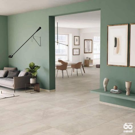 Minoli Coast Sand stone-effect tiles. Coast is a natural-look porcelain tile with a calming nature and subtle movements of authentic stone-like surface patterns.   Gentle stone-look tiles of warm beige shades come complete with a smooth matte finish and rectified edges.  #minoli #tiles #stonetiles #stoneeffect #stonelook #stoneeffecttiles #stonelooktiles #porcelaintiles #naturallooktiles #naturaleffecttiles #beigetiles #beigefloortiles #floortiles #walltiles #creamtiles #creamfloortiles Stone Flooring Living Room, Tile Color Palette, Colour Combinations Interior, Room Tiles Floor, Beige Floor Tile, Living Room Floor Tiles, Marble Effect Tiles, Mint Walls, Stone Walls Interior