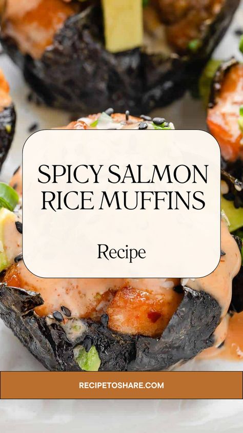 Ingredients:
3 sheets nori paper
1½ cups cooked sushi rice (or basmati) Salmon:
1 lb salmon, skin removed + cubed small
2 tbsp sesame oil (or olive oil)
1 tbsp low sodium soy sauce
1 tbsp honey
2 scallions, diced
½ tsp each garlic powder, onion powder, chili powder, paprika, dried oregano
Salt to taste Spicy Mayo:
¼ cup Kewpie mayo
2 tsp Sriracha sauce
1 tsp honey Toppings:
½ avocado, diced small
2 tsp black sesame seeds Honey Soy Salmon Cups, Spicy Salmon Rice Muffins Hungry Happens, Rice Muffins Recipe, Spicy Salmon Rice Muffins, Salmon Rice Muffins, Flourless Banana Bread Recipe, Rice Muffins, Cooked Sushi, Traditional Sushi